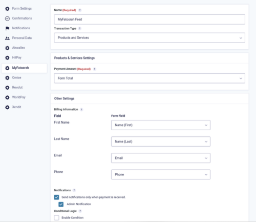 MyFatoorah feed settings: products and services, amount and billing fields MyFatoorah feed settings: products and services, amount and billing fields