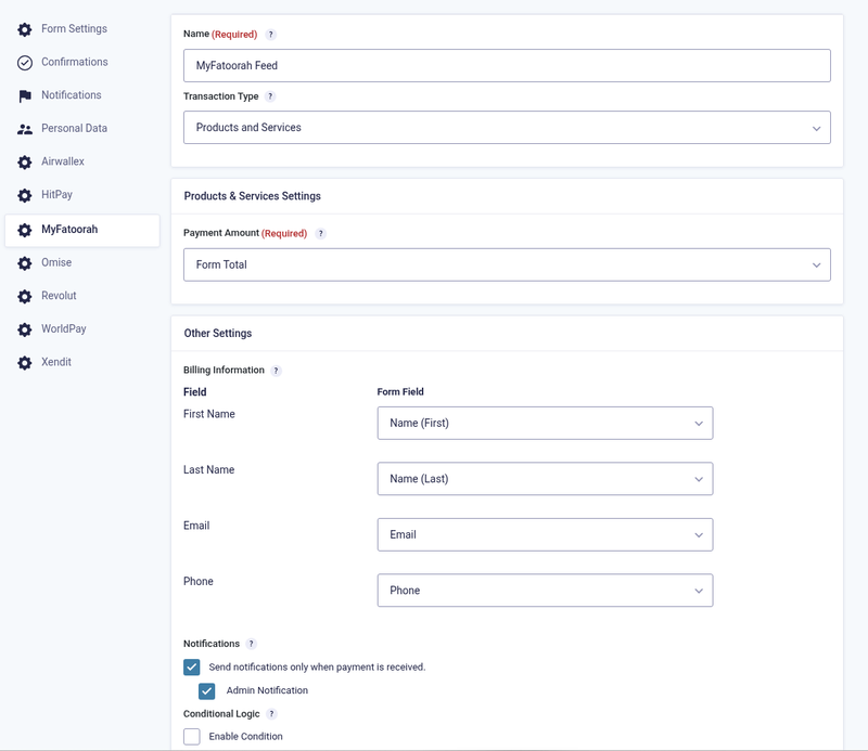 MyFatoorah feed settings: products and services, amount and billing fields MyFatoorah feed settings: products and services, amount and billing fields