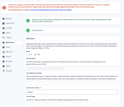 MyFatoorah add-on settings in Gravity Forms with the token check MyFatoorah add on settings in Gravity Forms with the token check