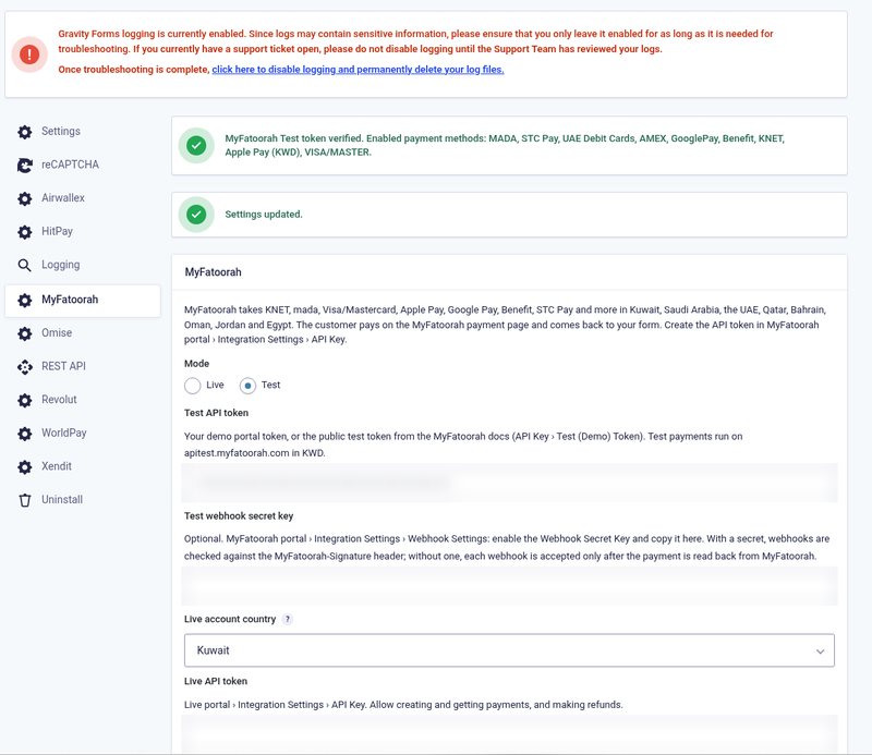 MyFatoorah add-on settings in Gravity Forms with the token check MyFatoorah add-on settings in Gravity Forms with the token check