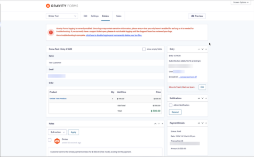 Gravity Forms entry marked Paid with Omise notes and the Refund via Omise box