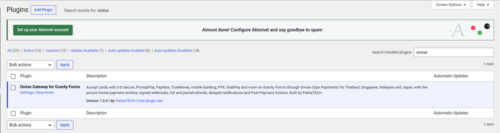 Omise Gateway for Gravity Forms activated on the Plugins screen