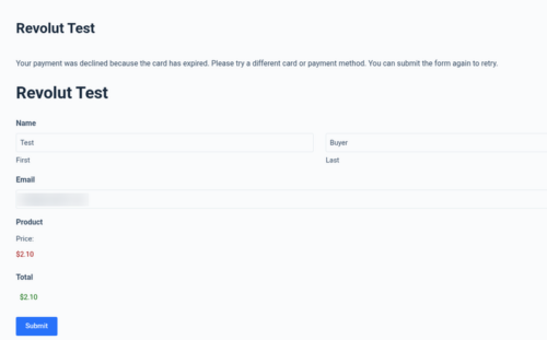 Clear decline message above the form after a declined Revolut payment