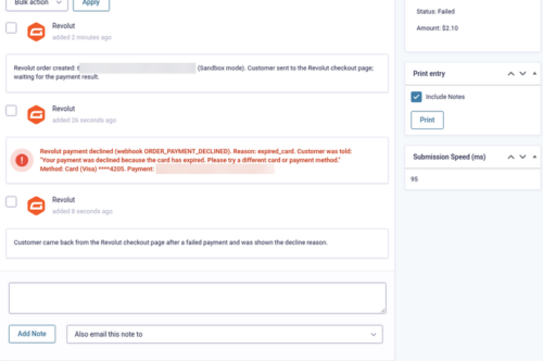 Entry marked Failed with a note recording the Revolut decline reason