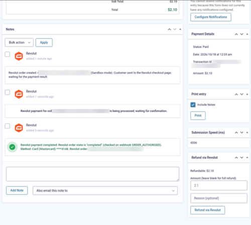 Gravity Forms entry marked Paid with the Revolut transaction ID