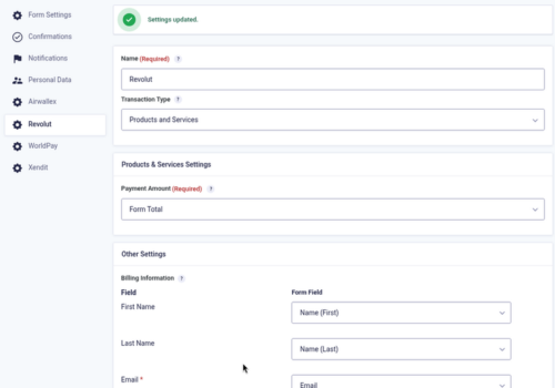 Revolut feed settings in Gravity Forms: transaction type, payment amount and billing field mapping