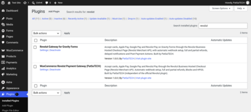 Revolut Gateway for Gravity Forms activated on the Plugins screen