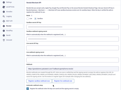 Revolut Gateway for Gravity Forms settings: mode, Secret API keys and the automatic webhook