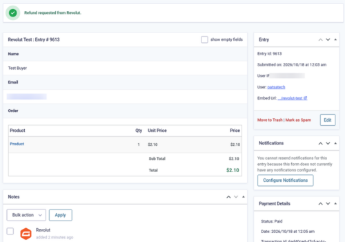 Refund requested through Revolut from the Gravity Forms entry