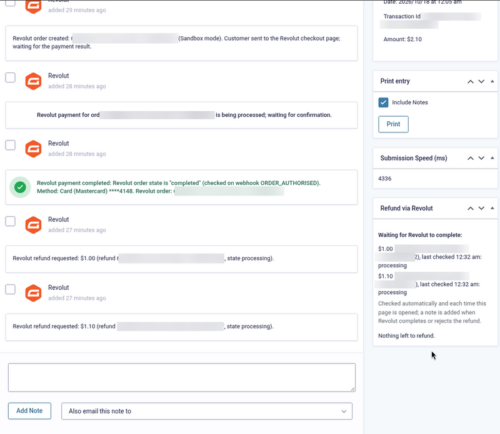 Entry notes and the Refund via Revolut box listing refunds still waiting for Revolut to complete