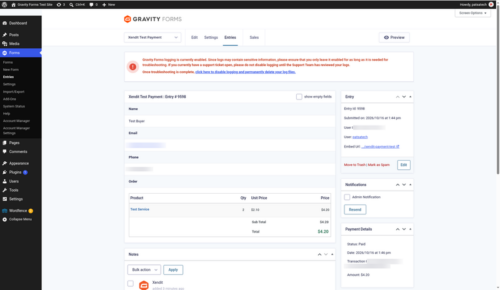 Gravity Forms entry marked Paid with the Xendit transaction ID Gravity Forms entry marked Paid with the Xendit transaction ID