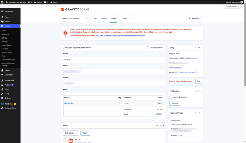 Gravity Forms entry marked Paid with the Xendit transaction ID Gravity Forms entry marked Paid with the Xendit transaction ID