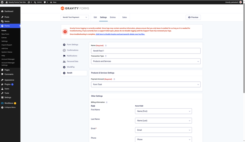 Xendit feed settings in Gravity Forms: transaction type, payment amount and billing field mapping Xendit feed settings in Gravity Forms: transaction type, payment amount and billing field mapping