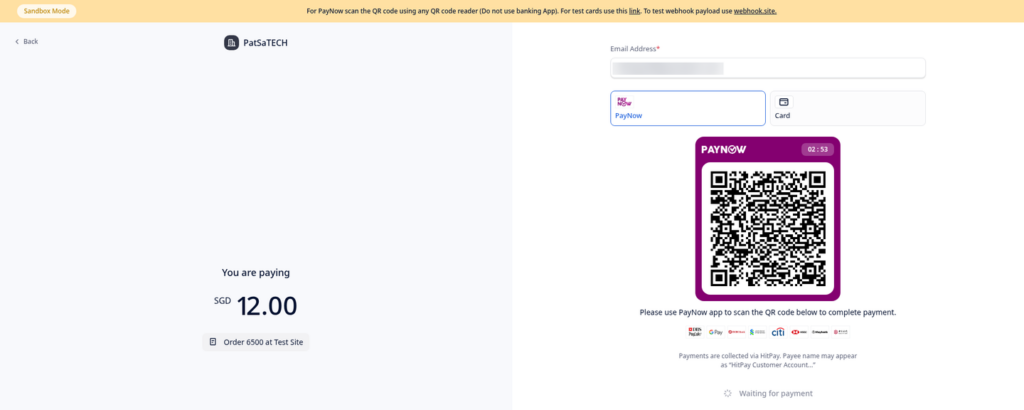 HitPay checkout page with PayNow QR code and card option