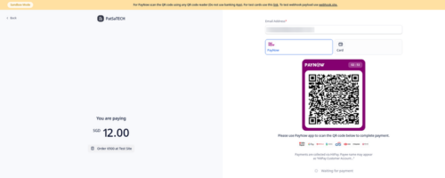 HitPay checkout page with PayNow QR code and card option