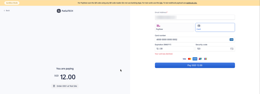 HitPay checkout page after a declined test card