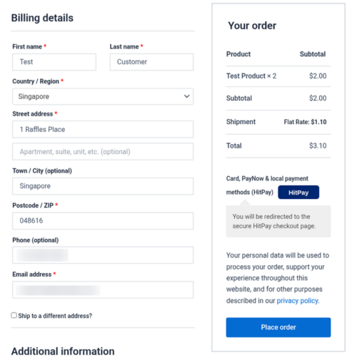 WooCommerce checkout with the HitPay payment option
