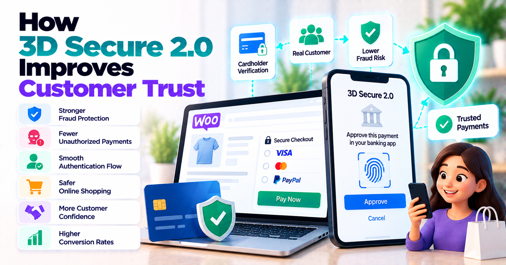 How 3D Secure 2.0 Improves Customer Trust — WooCommerce payment infographic