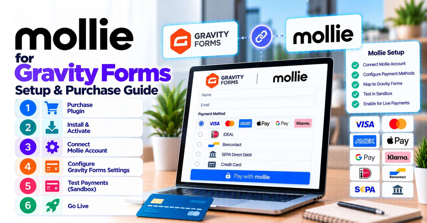 Mollie for Gravity Forms — setup, test mode, and how to purchase — WooCommerce payment infographic