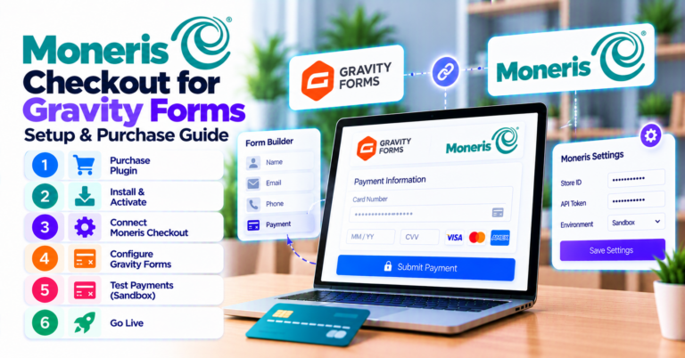 Moneris Checkout for Gravity Forms — setup, sandbox testing, and how to buy — WooCommerce payment infographic