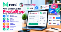 NMI Collect.js for PrestaShop: buy, install, and test before go-live — WooCommerce payment infographic