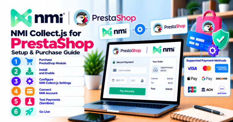 NMI Collect.js for PrestaShop: buy, install, and test before go-live — WooCommerce payment infographic