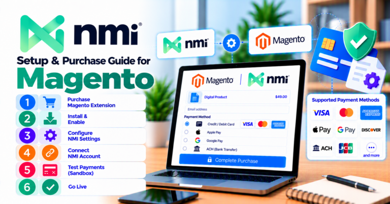 NMI for Magento: how to buy, configure, and test before go-live — WooCommerce payment infographic