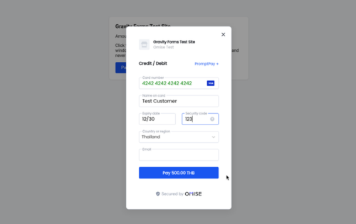 Omise payment window with card details after submitting a Gravity Forms form