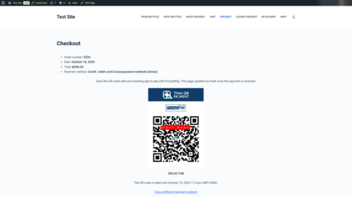 PromptPay QR code with amount and valid until time on the WooCommerce pay page
