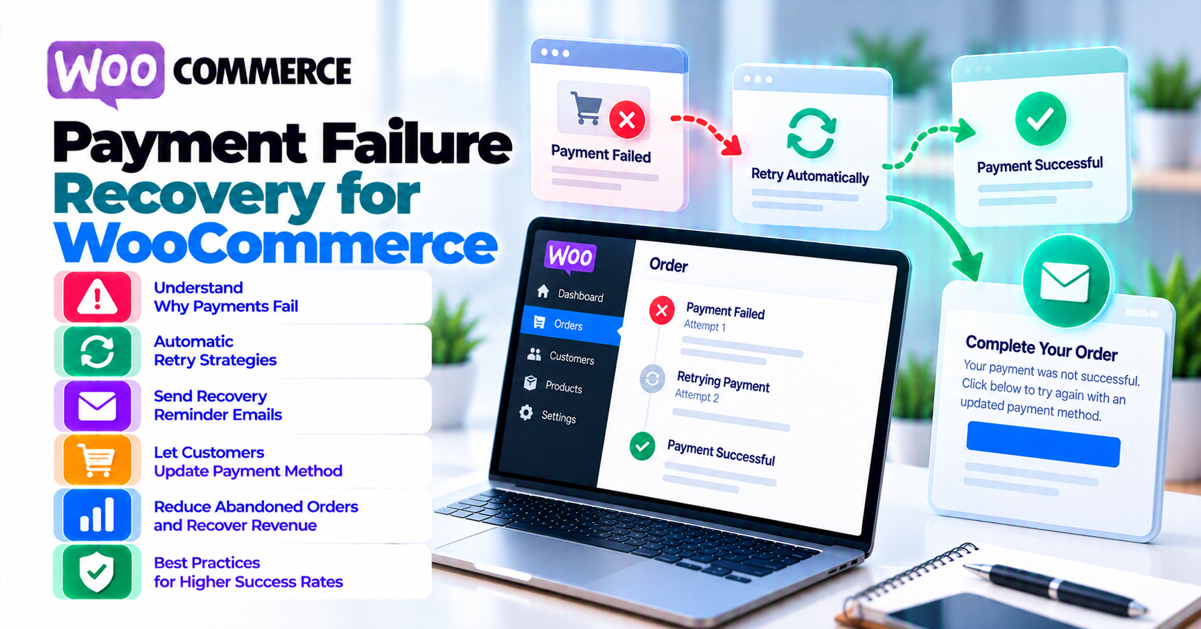 Payment failure recovery on WooCommerce: what to automate and what to say — WooCommerce payment infographic