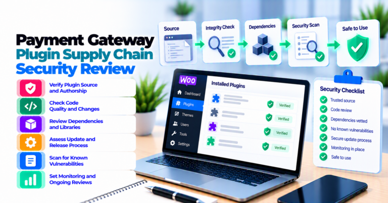 Payment gateway plugin supply chain from maintainer and source through build, package, update channel, store deployment, and security evidence gates.