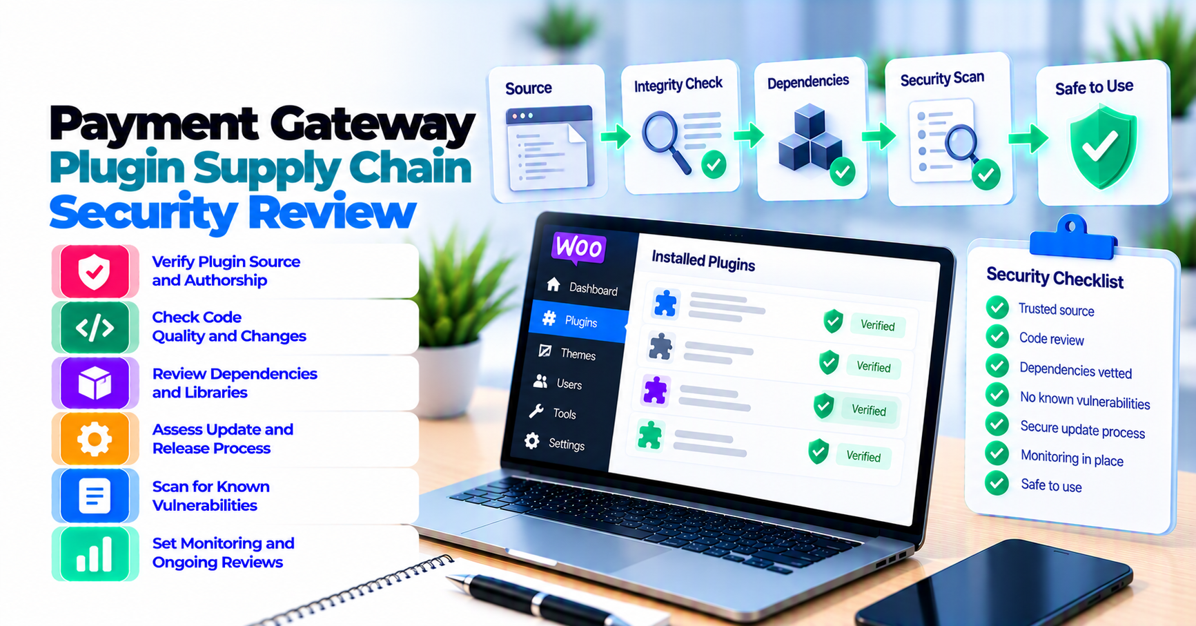 Payment gateway plugin supply chain from maintainer and source through build, package, update channel, store deployment, and security evidence gates.