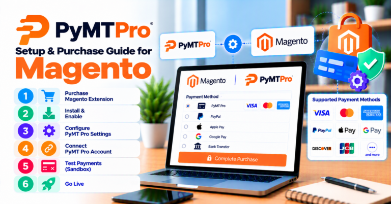PymtPro for Magento: setup checklist, sandbox tests, and how to purchase — WooCommerce payment infographic