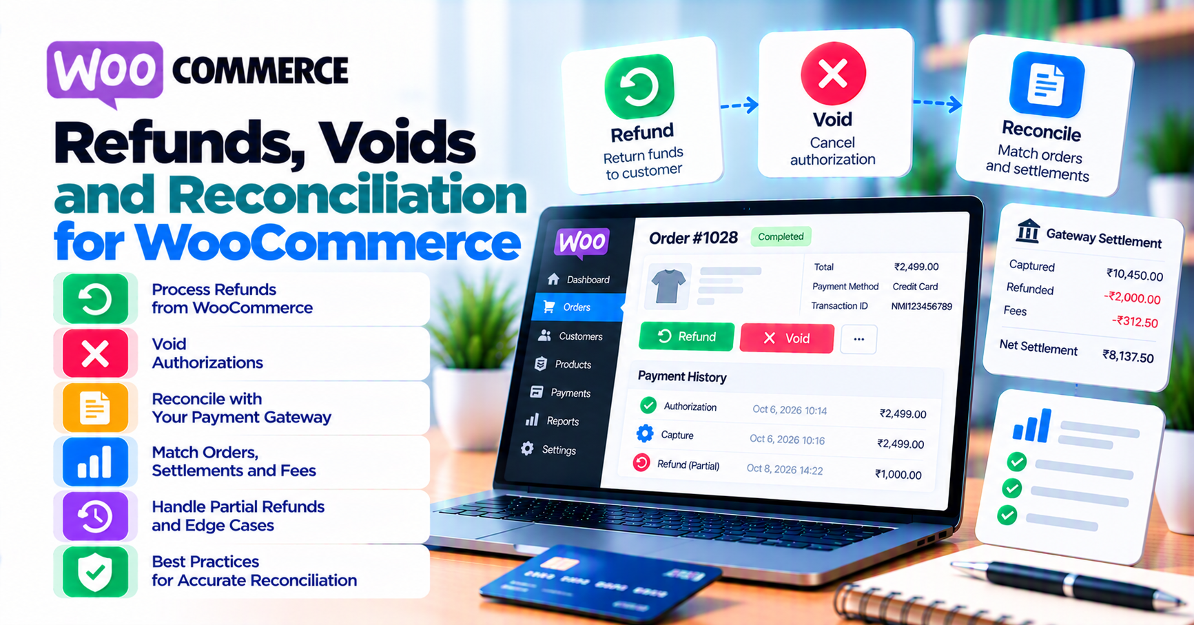 Refunds and voids on WooCommerce: align WooCommerce, your gateway, and accounting — WooCommerce payment infographic