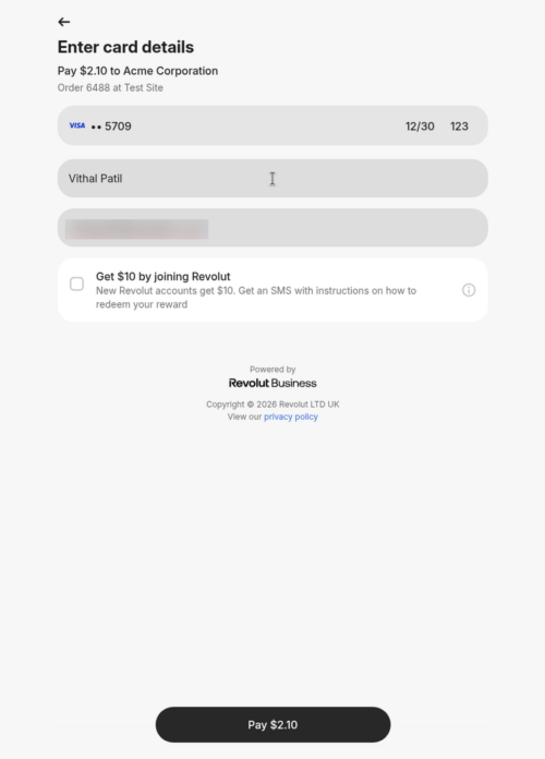 Card details form on the Revolut Hosted Checkout Page