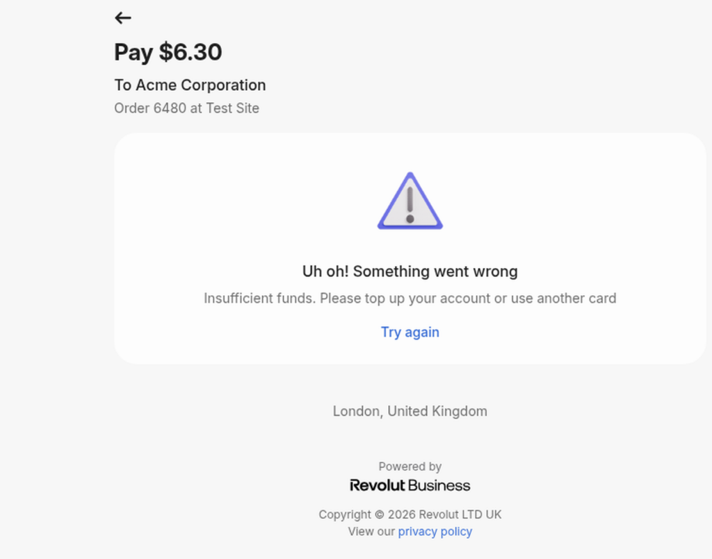 Revolut checkout page after a declined test card
