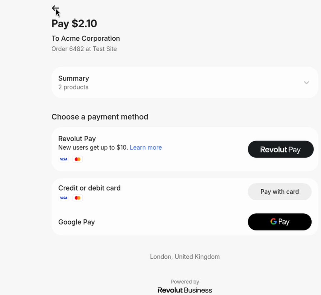 Revolut Hosted Checkout Page with Revolut Pay, card and Google Pay