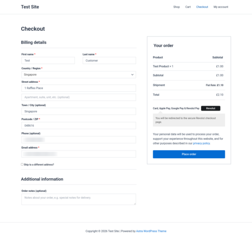 WooCommerce checkout with the Revolut payment option selected