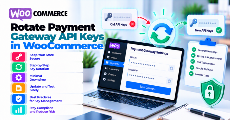 WooCommerce payment API key rotation flow from credential inventory through cutover, verification, and old-key retirement.
