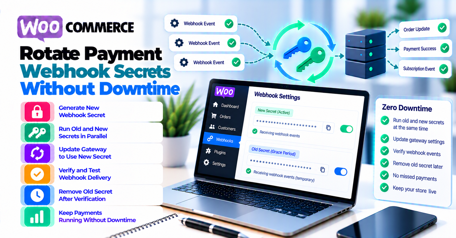 WooCommerce payment-webhook signing-secret rotation from overlap check and dual verification through replay testing, monitoring, and retirement.
