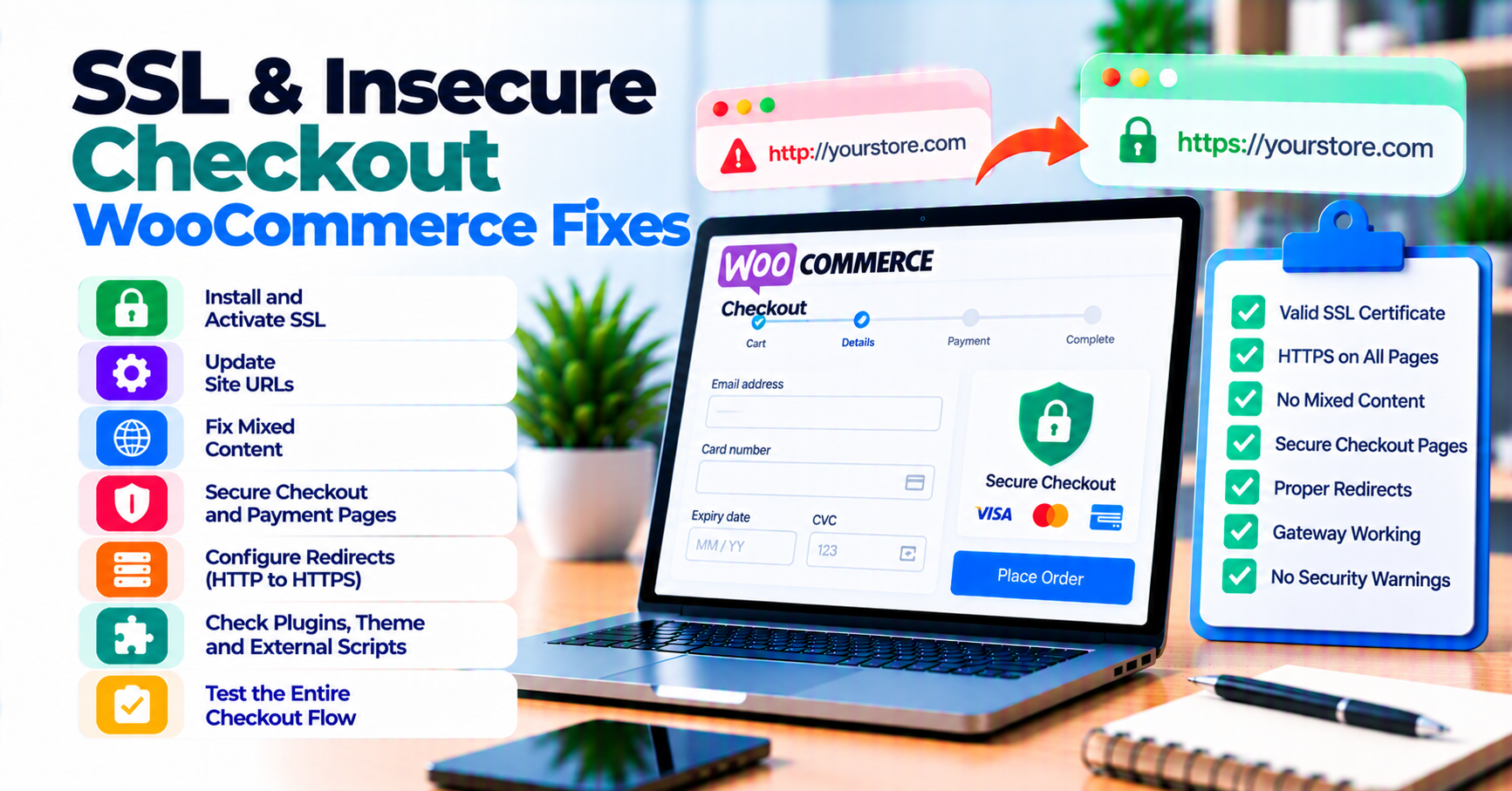 WooCommerce insecure checkout: SSL, mixed content, and HTTPS fixes — WooCommerce payment infographic