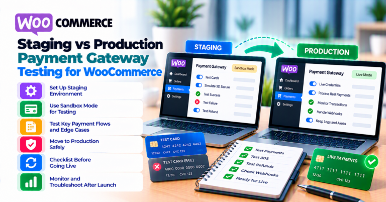 Staging vs production payment testing on WooCommerce: keys, webhooks, and clone discipline — WooCommerce payment infographic
