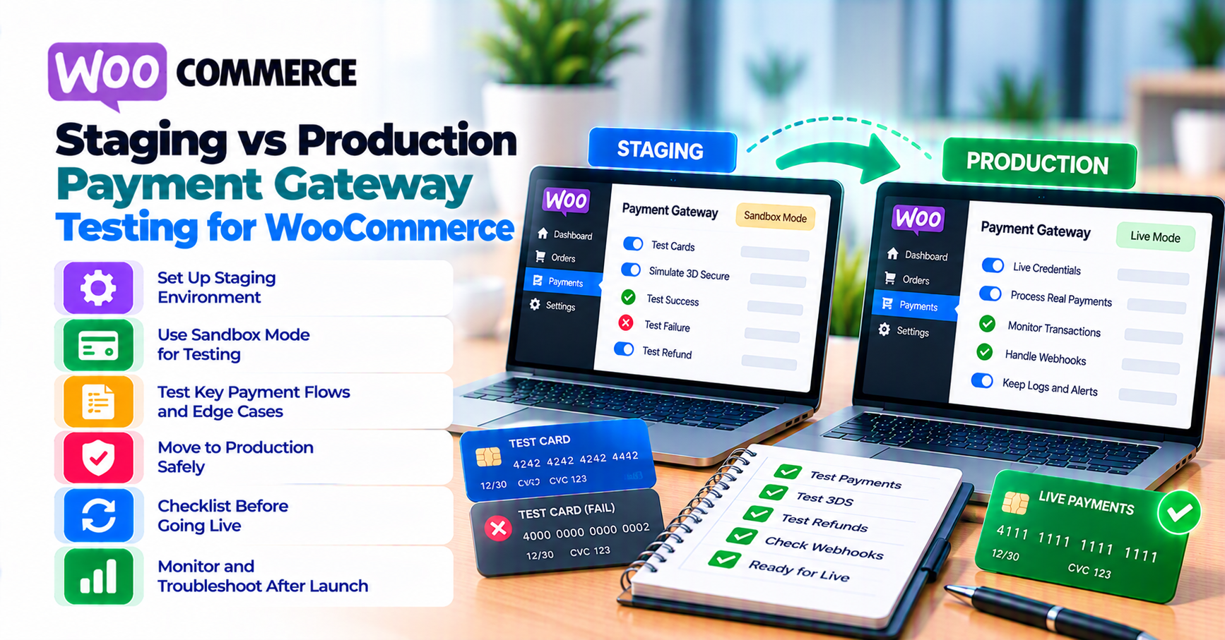 Staging vs production payment testing on WooCommerce: keys, webhooks, and clone discipline — WooCommerce payment infographic