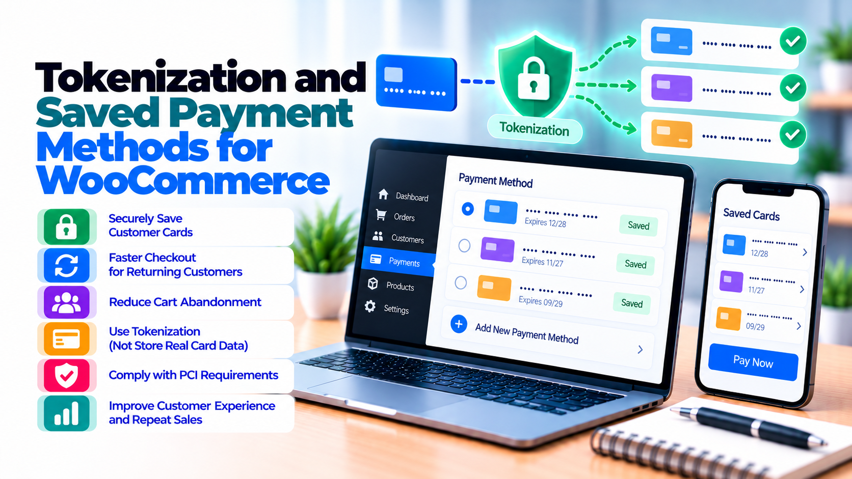 Saved cards and tokenization on WooCommerce: PCI, UX, and subscription renewals — WooCommerce payment infographic