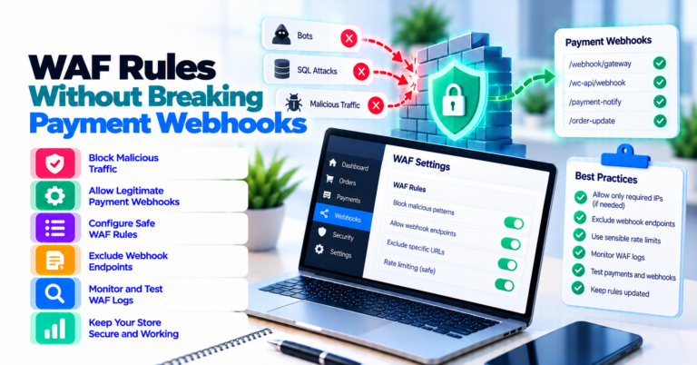 WooCommerce WAF traffic map separating shopper checkout, payment-provider callbacks, signature verification, and outbound webhooks.