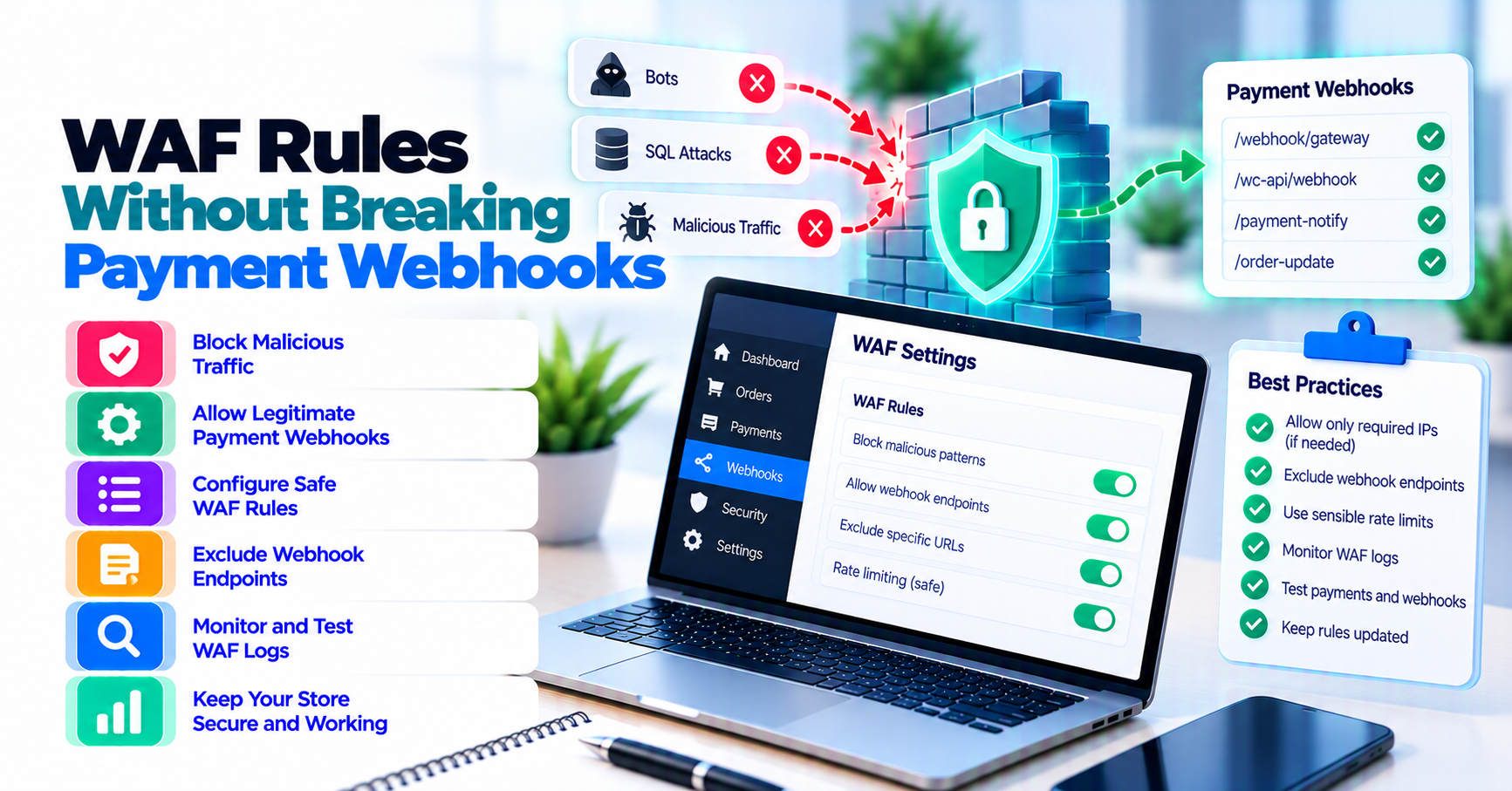 WooCommerce WAF traffic map separating shopper checkout, payment-provider callbacks, signature verification, and outbound webhooks.