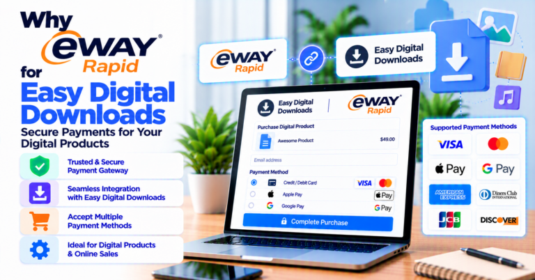 Why buy eWay Rapid 3.0 for Easy Digital Downloads: API gateway for AU/NZ digital merchants — WooCommerce payment infographic