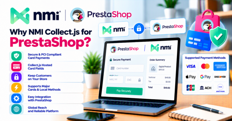 Why buy NMI Collect.js for PrestaShop: tokenized checkout for Network Merchants merchants — WooCommerce payment infographic