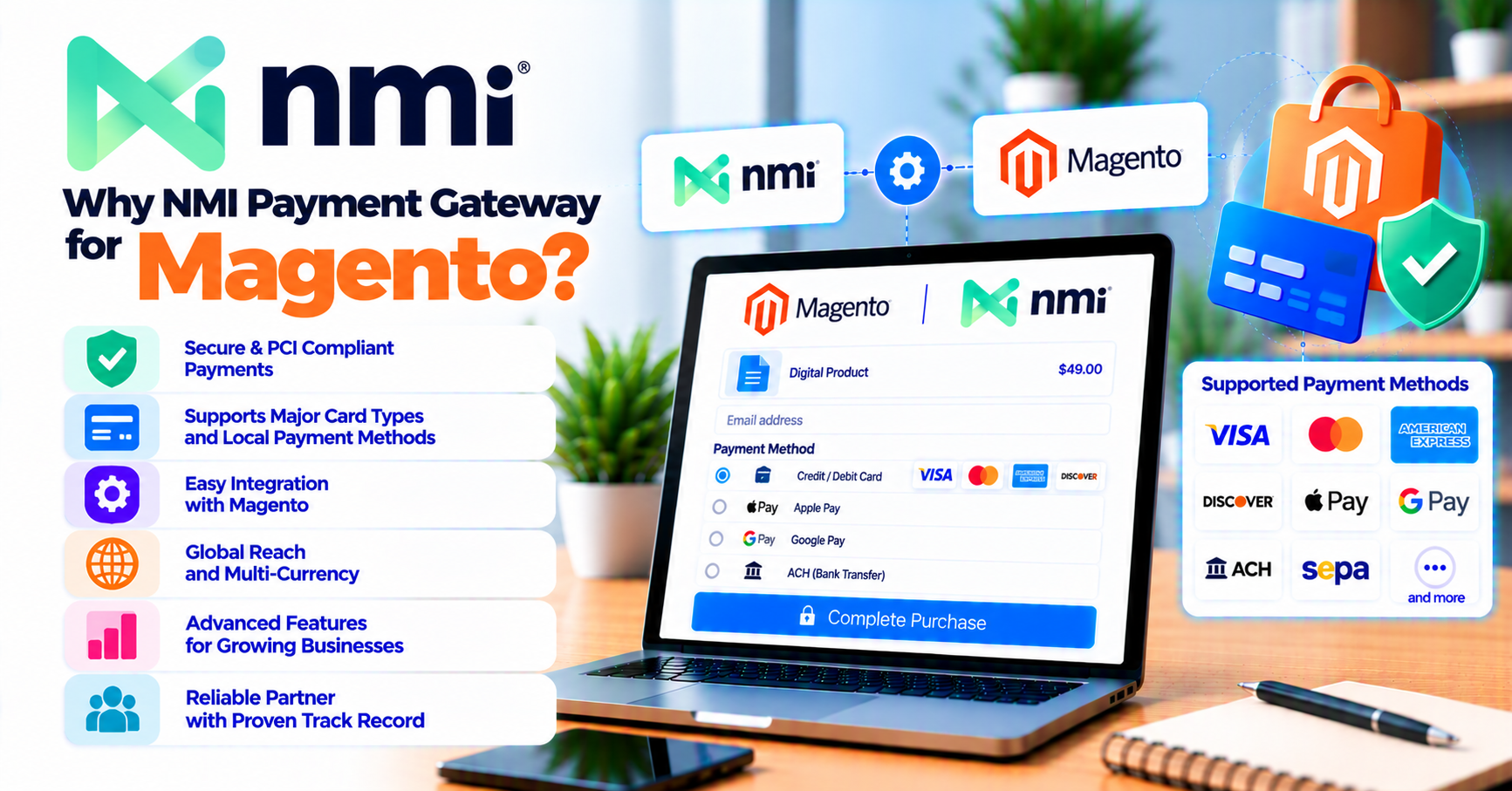 Why buy NMI Gateway for Magento: on-site checkout for Network Merchants merchants — WooCommerce payment infographic