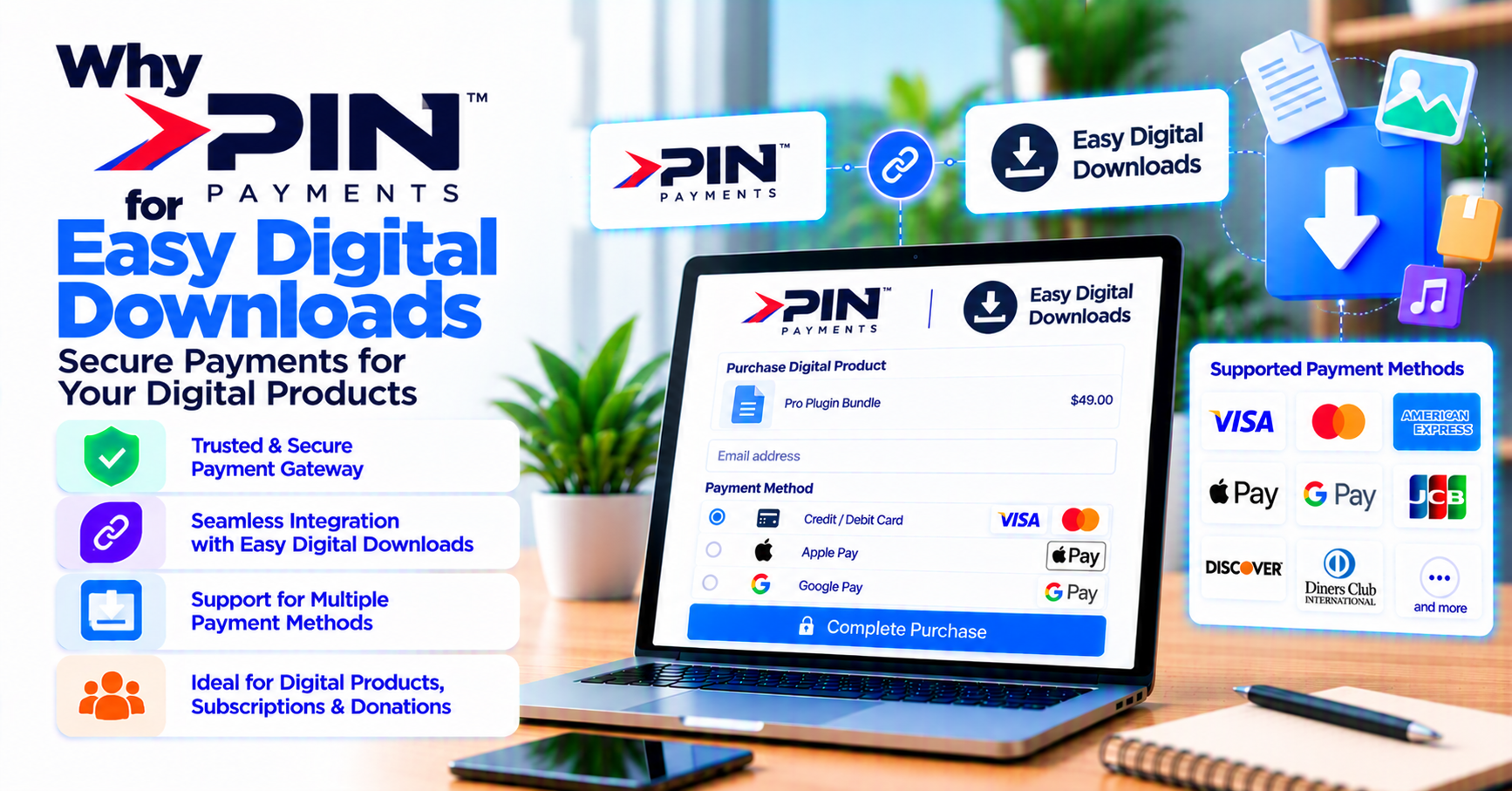 Why buy Pin Payments for Easy Digital Downloads: API gateway for digital merchants — WooCommerce payment infographic